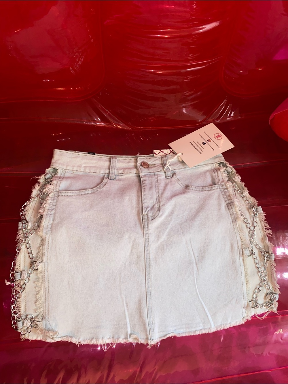 Fashion Nova Light Blue Denim Mini Skirt with Side Chain Trim